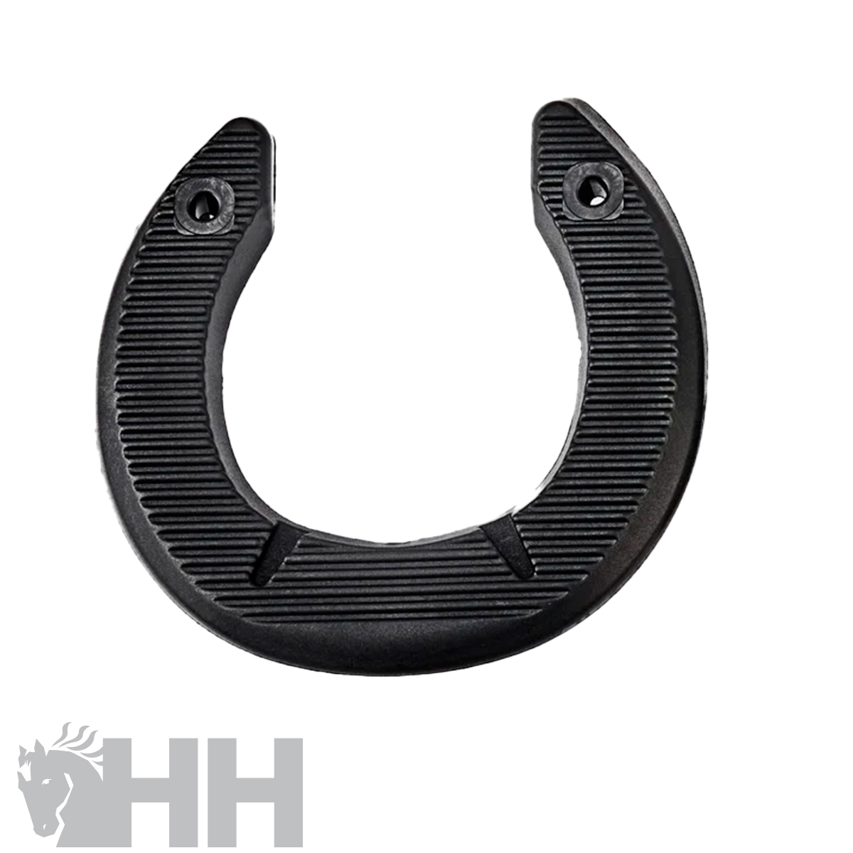 Suporte em forma de U preto com textura estriada e duas roscas para parafusos