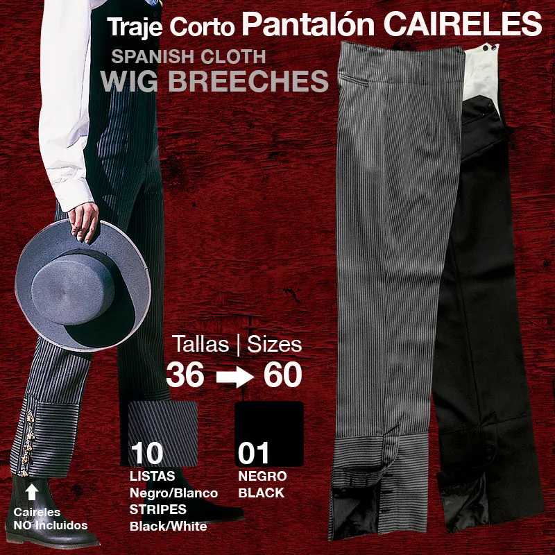 Calças curtas tipo breeches com riscas preto/branco e preto, com botões na lateral, em fundo vermelho.