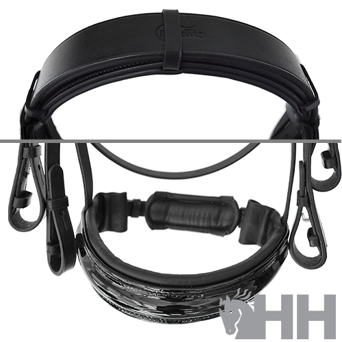 Cabeçada preta para cavalo em couro com acolchoamento e argolas metálicas