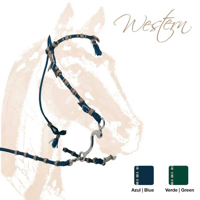 Embocadura equina azul com bocal metálico e texto Western