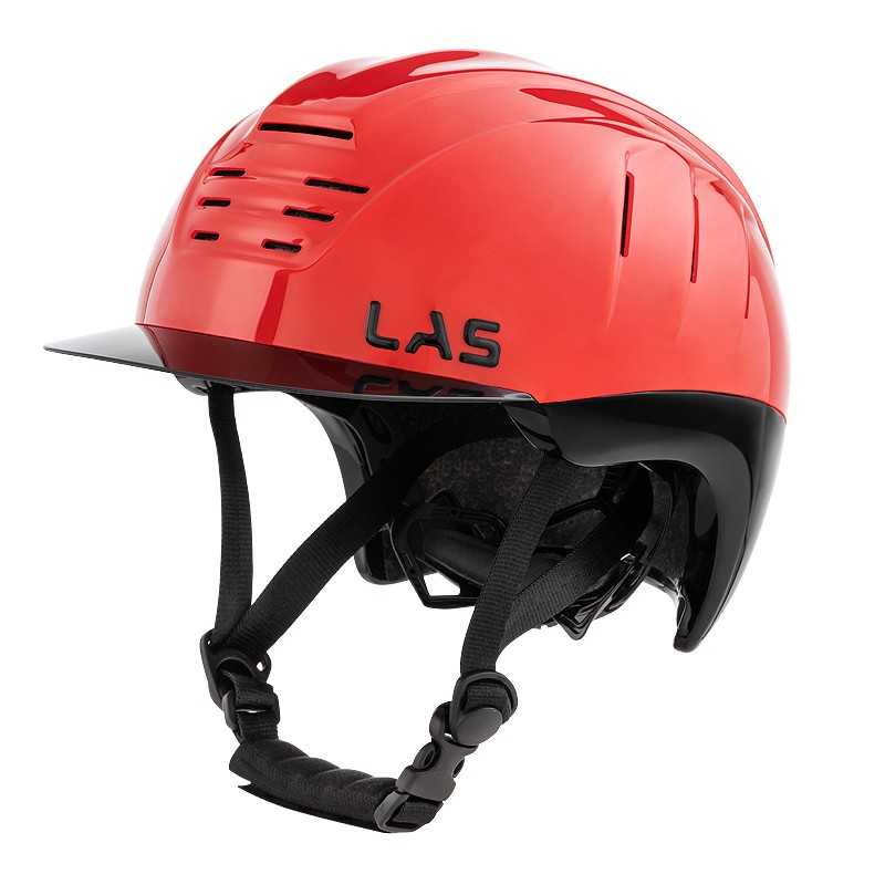 Capacete vermelho com tiras pretas e inscrição LAS