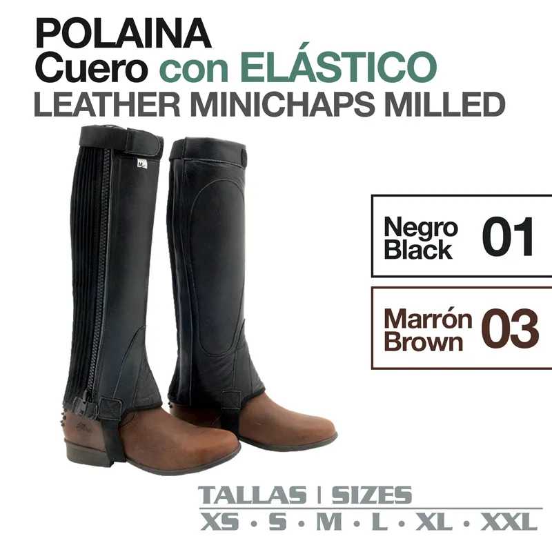 Minichaps em couro preto e castanho com elástico e costuras visíveis