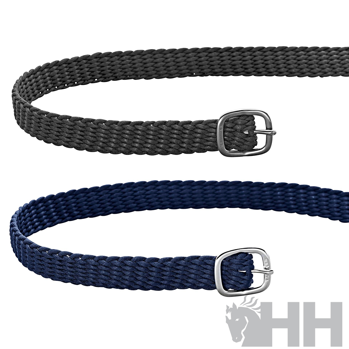 Dois cintos trançados com fivelas metálicas, um cinza escuro e um azul escuro.