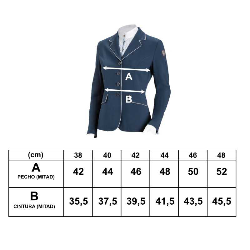 Casaco feminino azul escuro com tabela de tamanhos em cm para medidas de peito e cintura