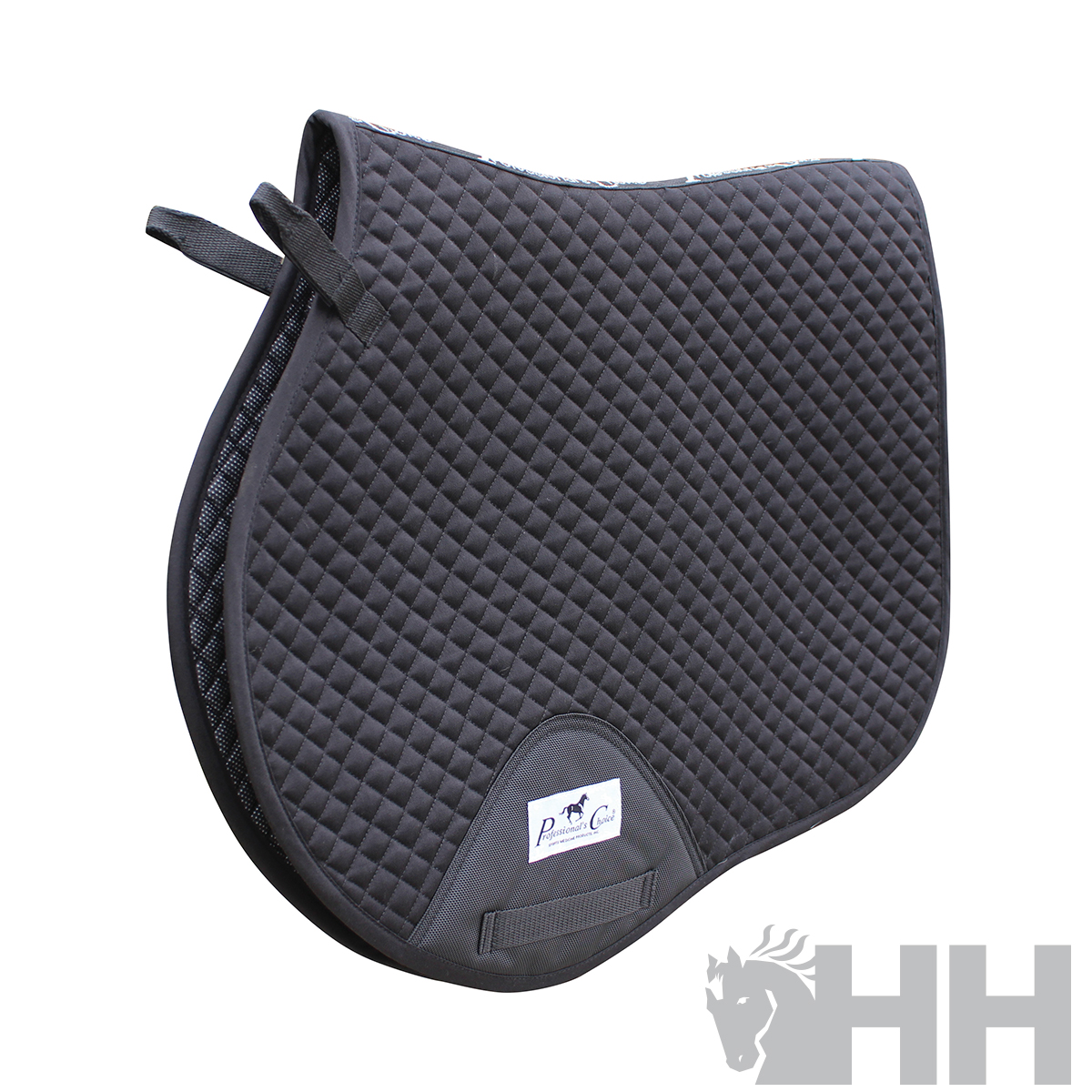 Pimento acolchoado preto para sela com padrão quadriculado e etiqueta branca