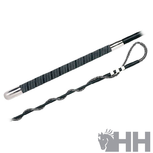 Vara e rédea finas pretas com punho tecido e ponta metálica