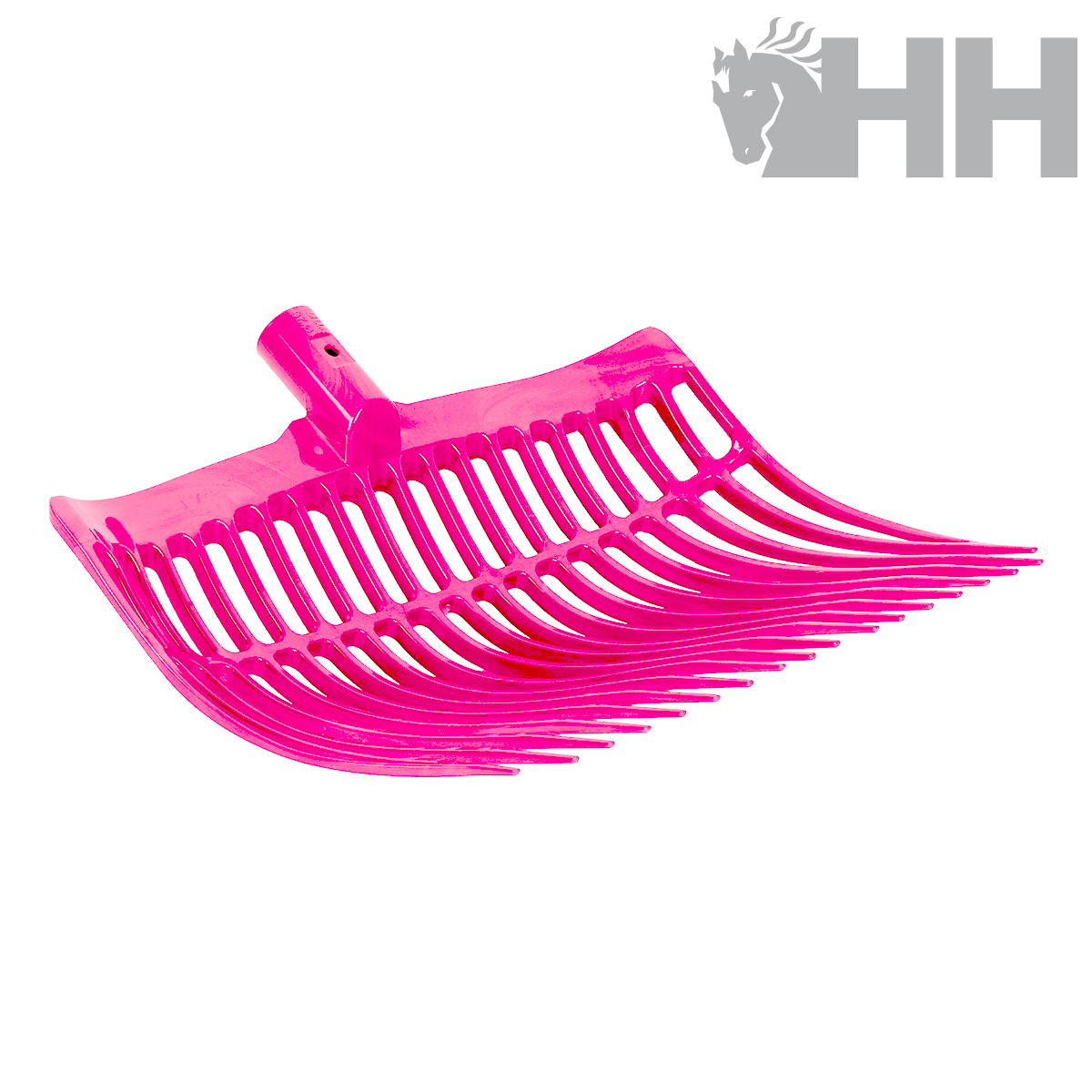 Garfo rosado para estábulos em plástico, fundo branco e logotipo cinzento HH