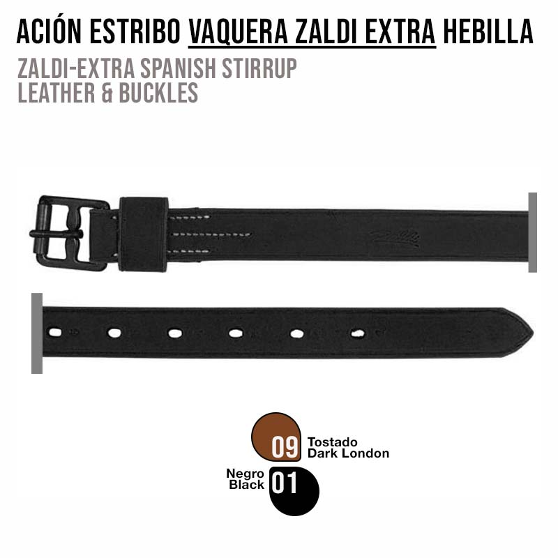 Correia preta de couro para estribo com fivela preta e costuras brancas
