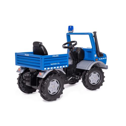 Trator de brincadeira infantil azul com letras POLIZEI na lateral