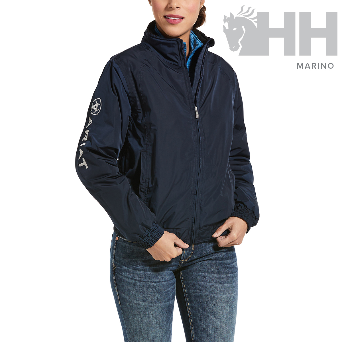 Casaco azul-marinho com fecho frontal e estampado na manga