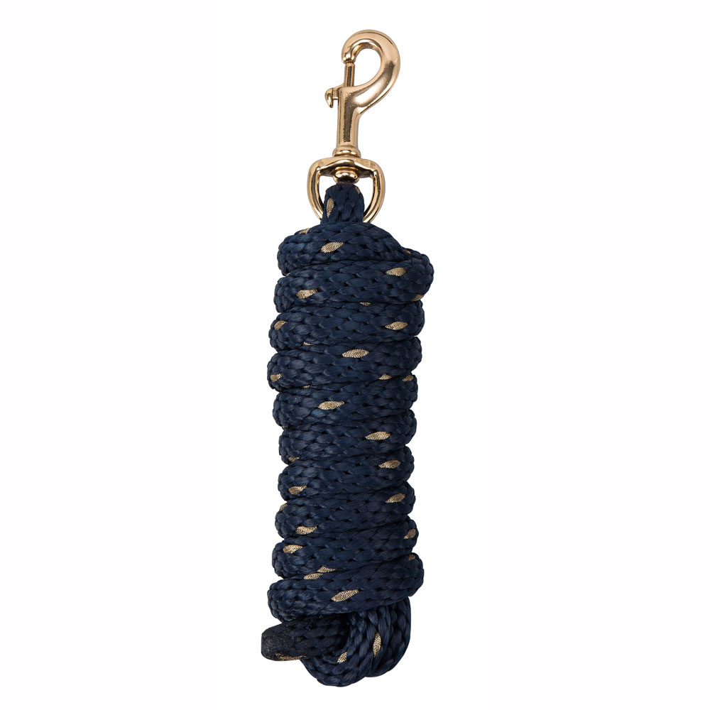 Corda azul escura com detalhes dourados e mosquetão metálico dourado