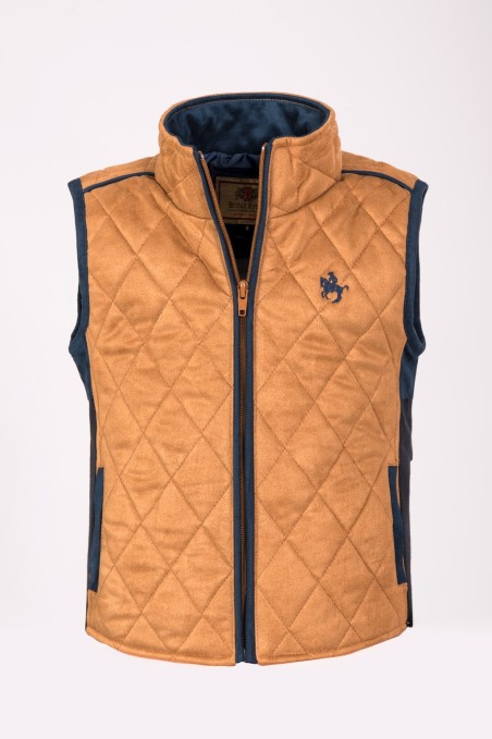 Colete masculino matelassê camel com detalhes azuis escuros e fecho à frente