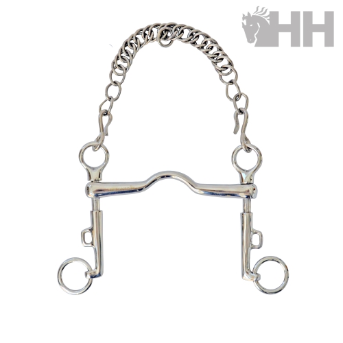 Freio metálico prateado com corrente em aço e argolas circulares