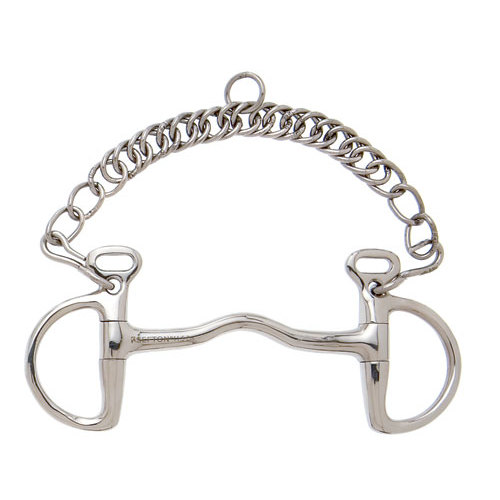 Freio de cavalo em metal prateado com corrente.