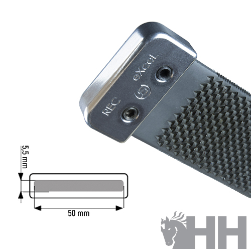 Punho metálico texturizado preto e prata com texto REC EXCEL e esquema técnico junto a logotipo HH