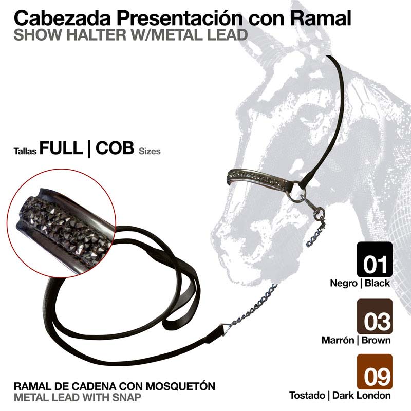 Cabeçada apresentação com ramal preto com detalhe metálico para cavalo