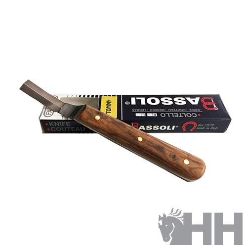 Faca para ferrador com cabo em madeira castanha e lâmina metálica reta