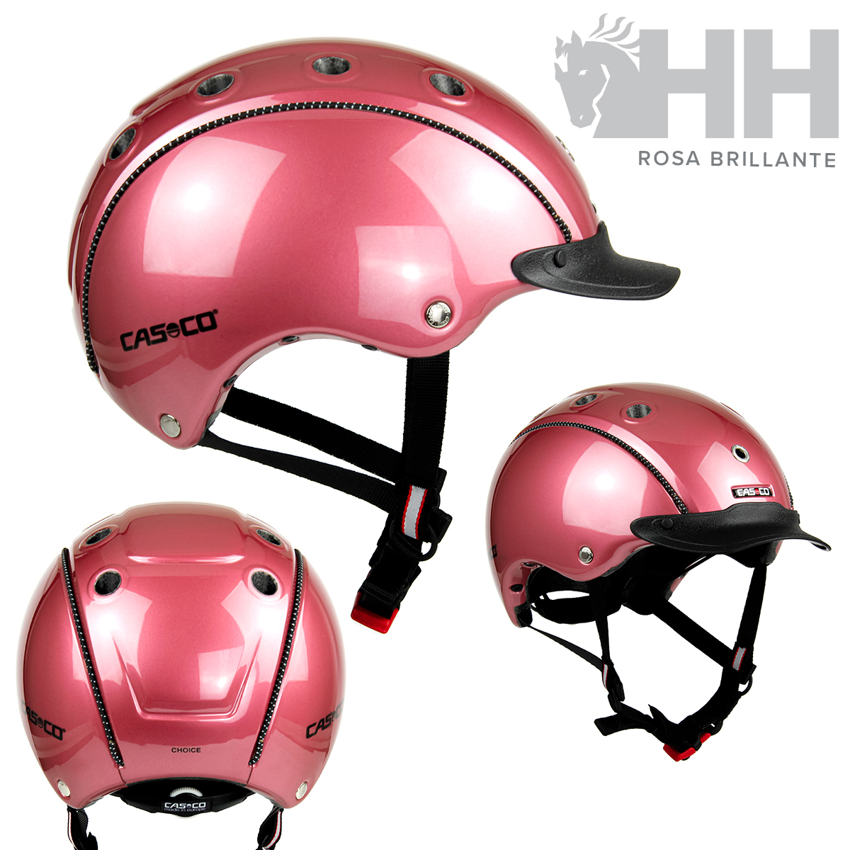 Capacete de equitação rosa brilhante com aberturas de ventilação e cinta preta ajustável