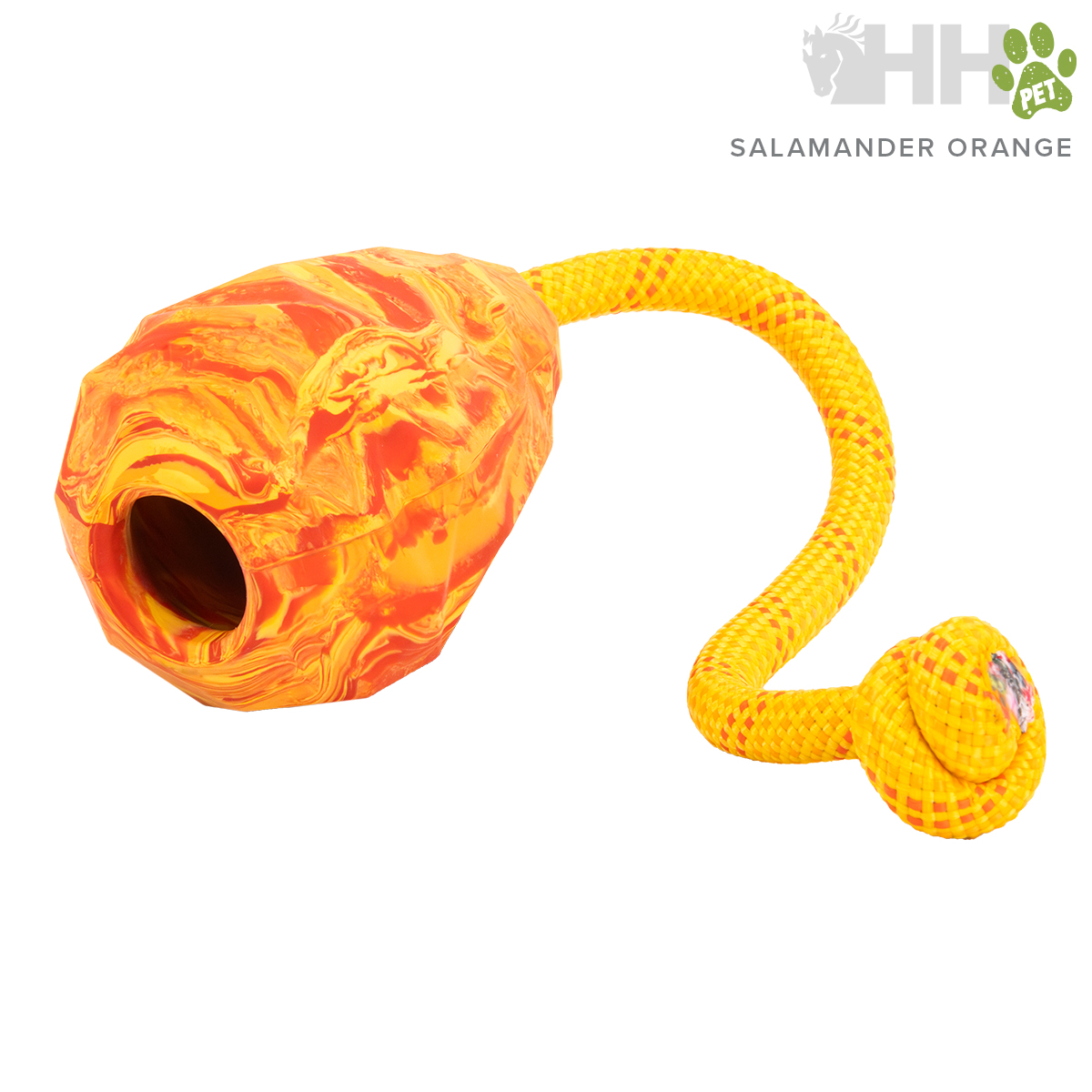 Brinquedo para cães em laranja e amarelo, textura marmoreada e padrão quadriculado, com buraco no corpo principal