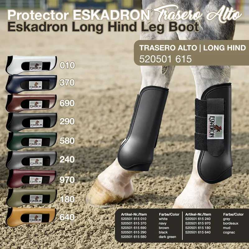 Protector para pernas traseiras de cavalo Eskadron em várias cores com códigos no fundo areia