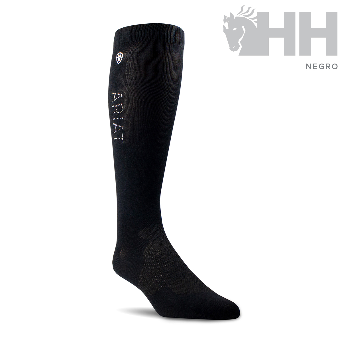 Meia comprida preta Ariat com logótipo branco e fundo branco com logótipo HH NEGRO