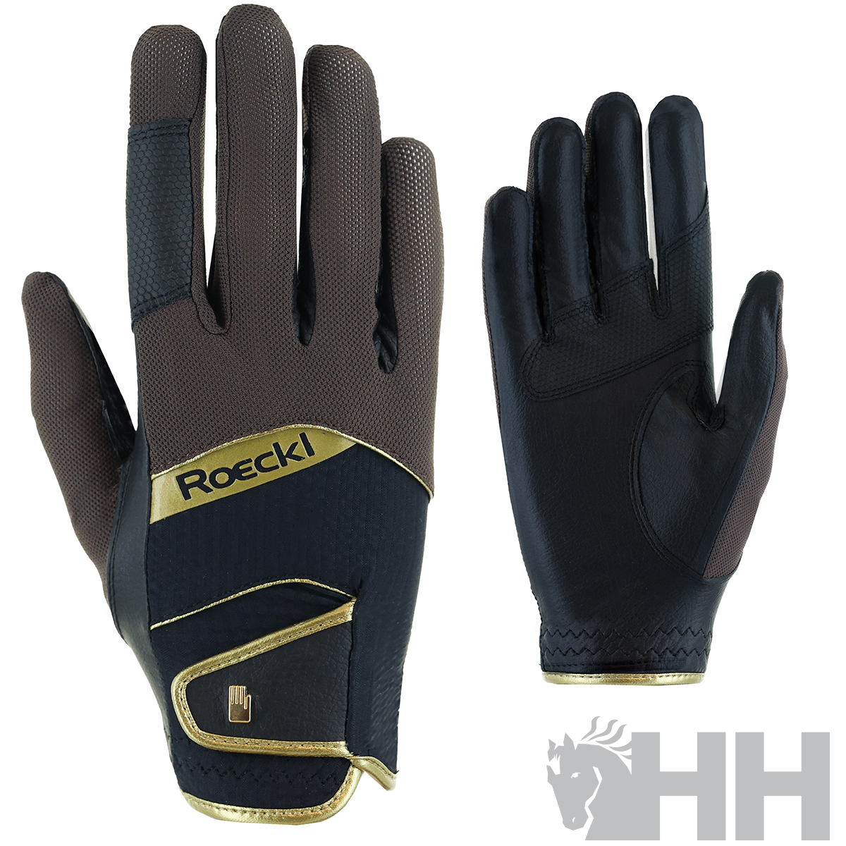 Luvas Roeckl preto, castanho e dourado com palma texturada