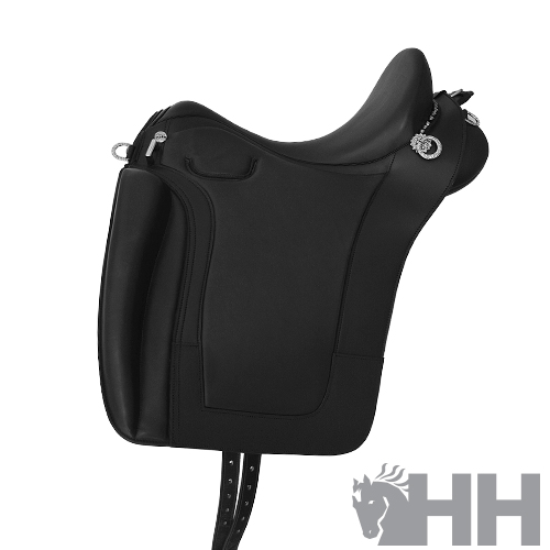 Sela preta para equitação com detalhes metálicos prateados