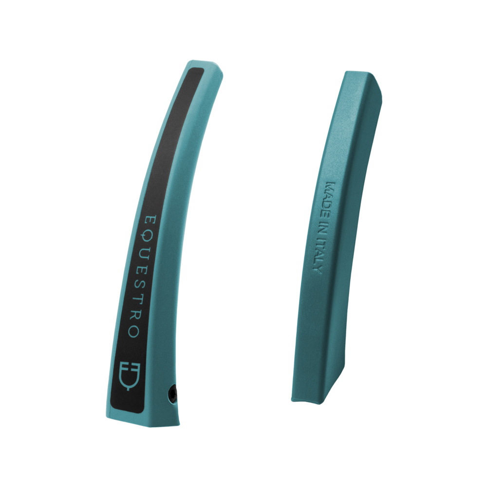 Par de protetores de borracha azul com texto EQUESTRO e MADE IN ITALY