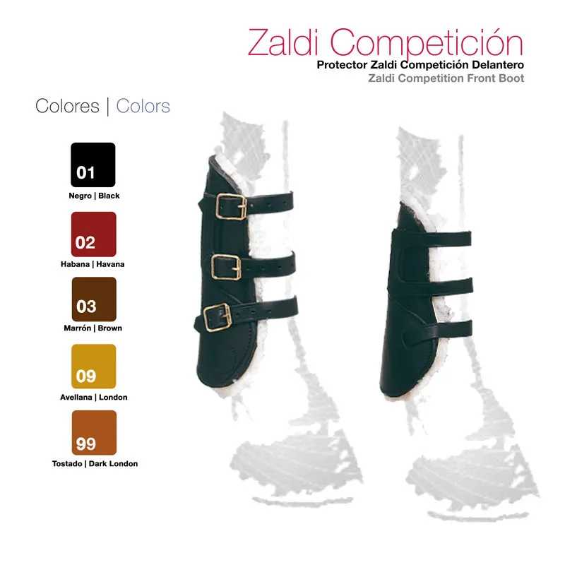 Protetores frontais Zaldi Competition pretos com três fivelas, tabela de cores ao lado.