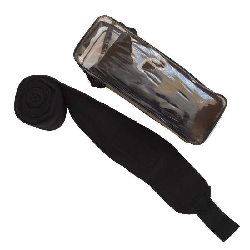 Faixa elástica preta enrolada com bolsa transparente cinza