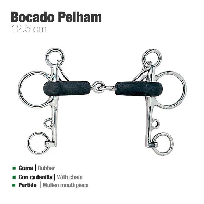 Bocado Pelham prata com borracha preta 12,5 cm e texto informativo