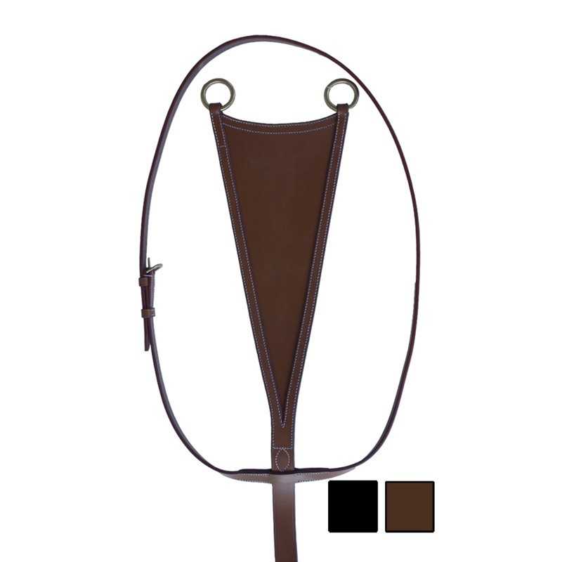 Peitoral para cavalo em pele castanha com argolas metálicas e fivela