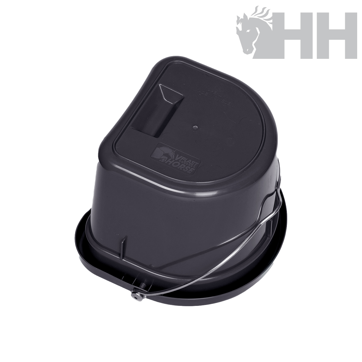 Balde preto de plástico com pega metálica e texto V PLAST HORSE