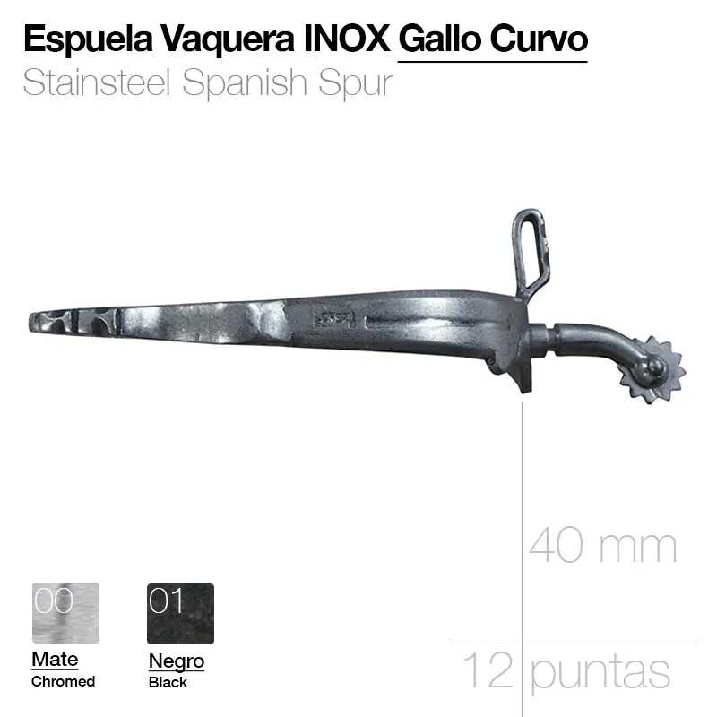 Espuela vaqueira inox com roda curva 40 mm e 12 pontas em aço cromado mate e preto
