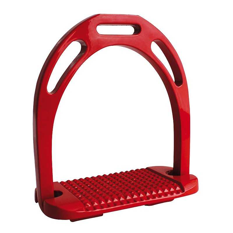 Estribo vermelho para equitação com textura antiderrapante.