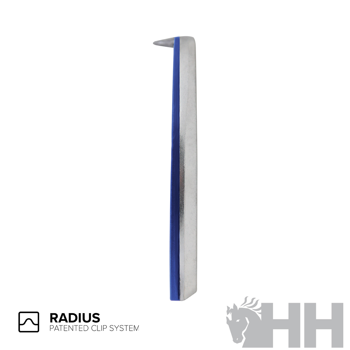 Objeto fino azul e metálico com saliência, fundo branco e logótipos