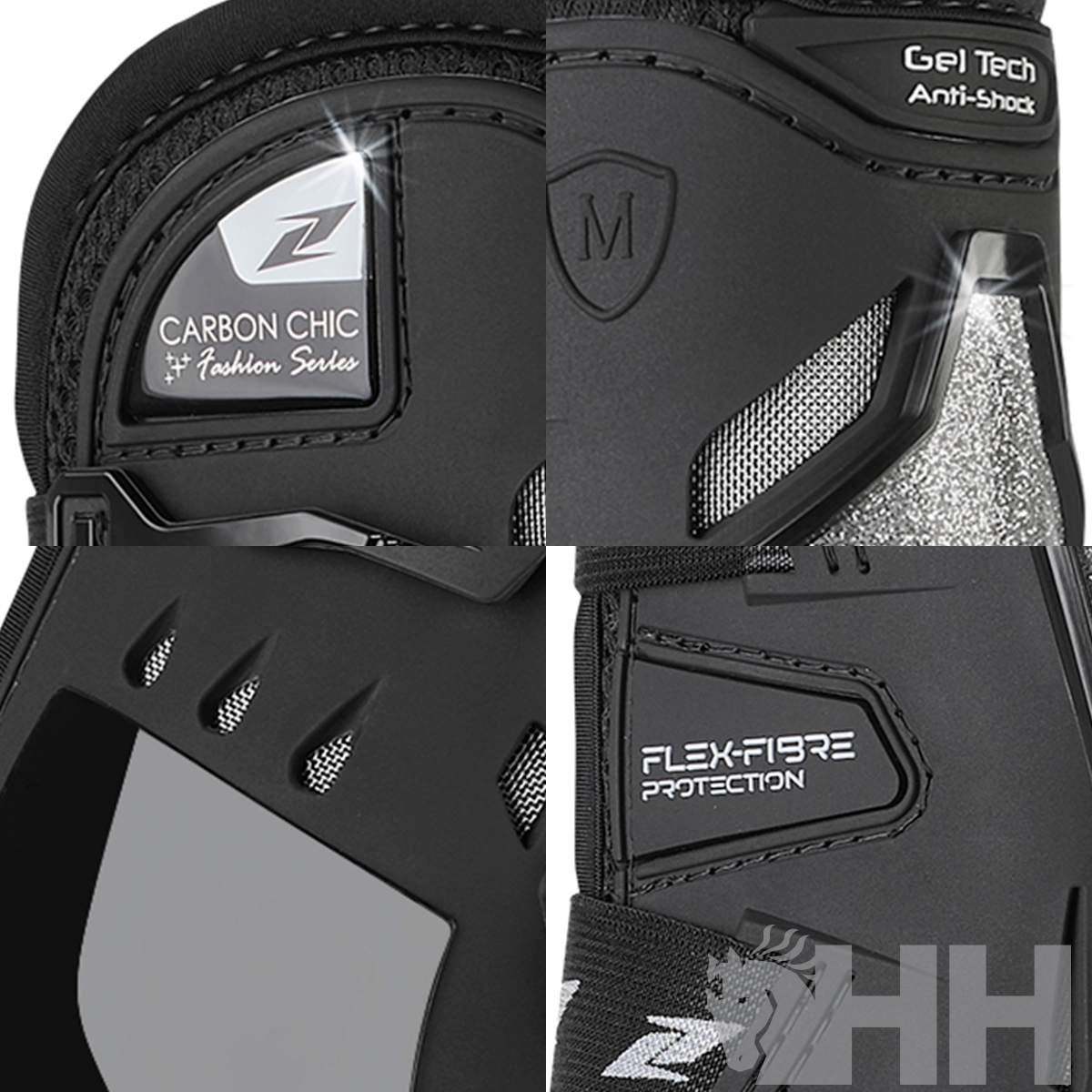 Detalhes de um produto preto com etiquetas e malha prateada