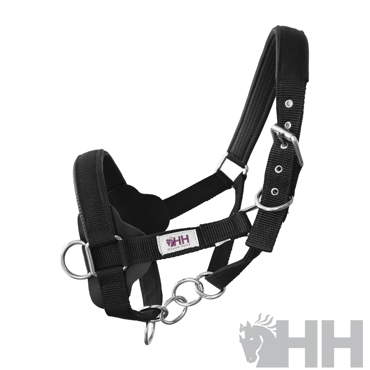 Cabresto para cavalo preto com almofada acolchoada e fivelas metálicas