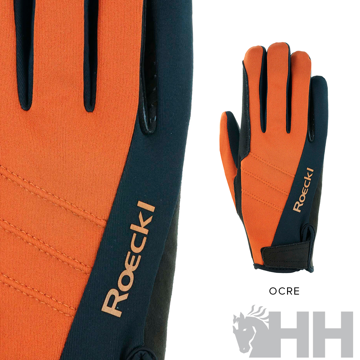 Luvas desportivas Rocckl ocre e preto com logo na parte superior