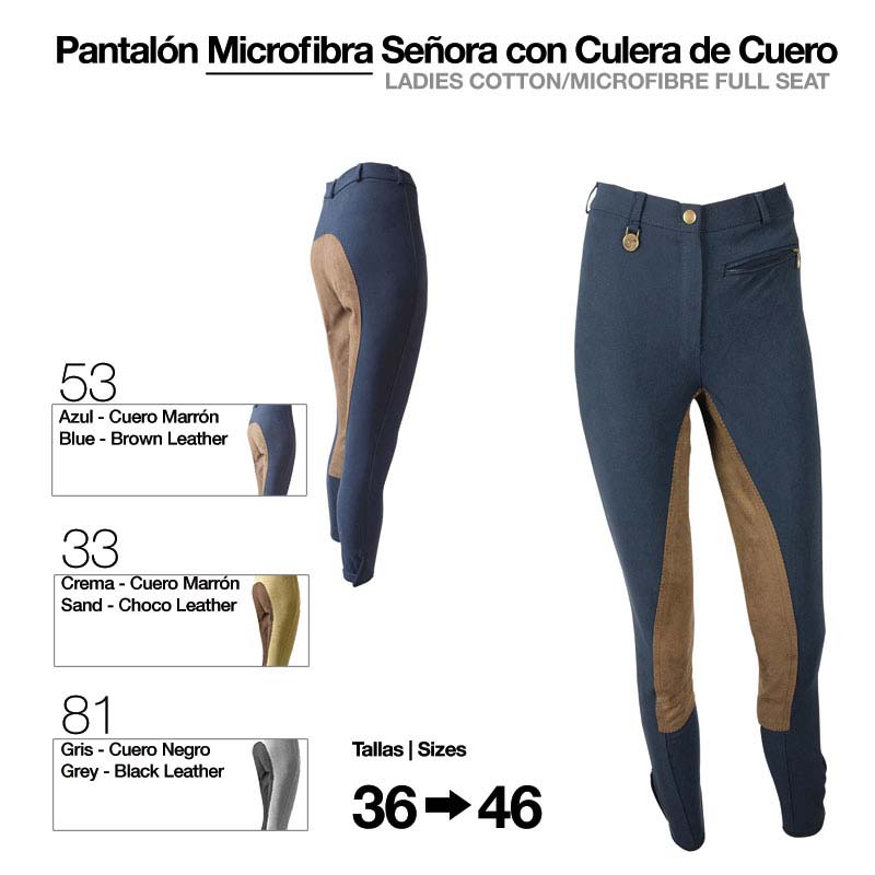 Calças senhora microfibra com culera de couro em várias cores e tamanhos