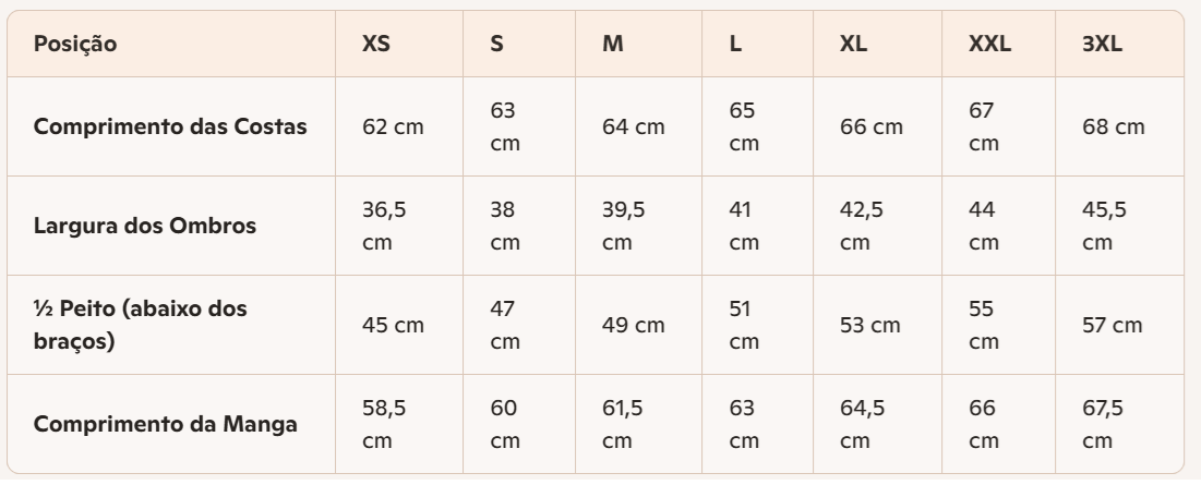 Tabela de tamanhos com medidas em centímetros para várias posições de vestuário, de XS a 3XL.