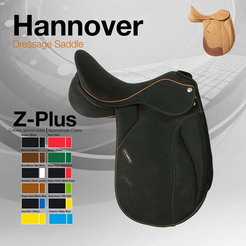 Imagem de uma sela de dressage Hannover Z-Plus preta com detalhes amarelos