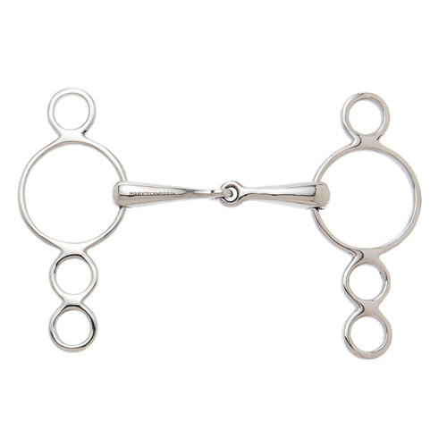 Freio de metal prateado com anéis circulares e bocal articulado