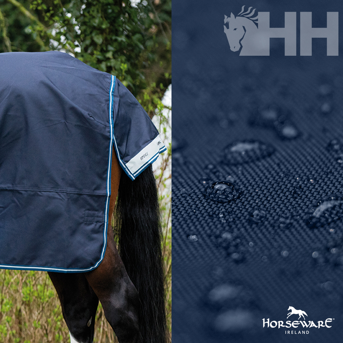 Manta azul para cavalo com gotas de água e logos