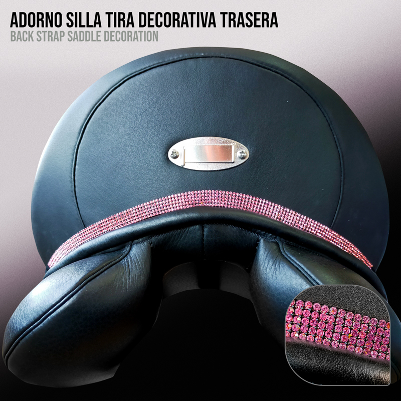 Tira decorativa com strass rosa em sela preta para cavalo