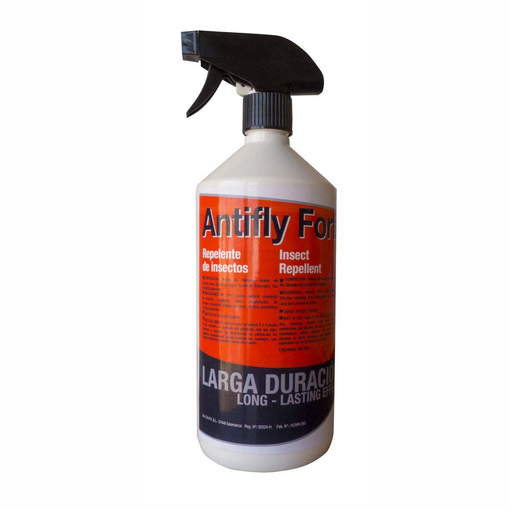 Frasco de spray branco com rótulo laranja e preto repelente de insetos Antifly Fort
