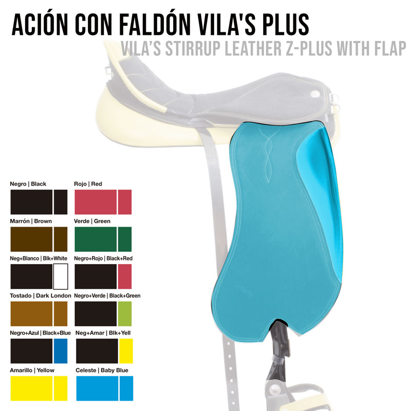 Estribo de sela azul celeste com proteção de couro e tabela de cores