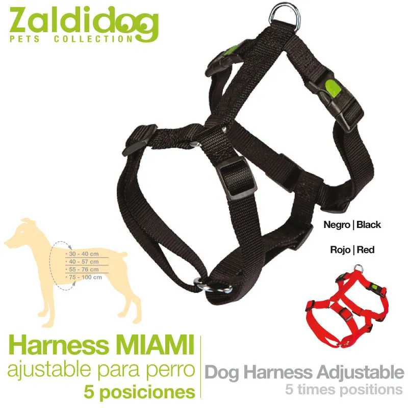 Peitoral ajustável para cão Zaldidog modelo Miami preto e vermelho com texto e esquema de tamanhos