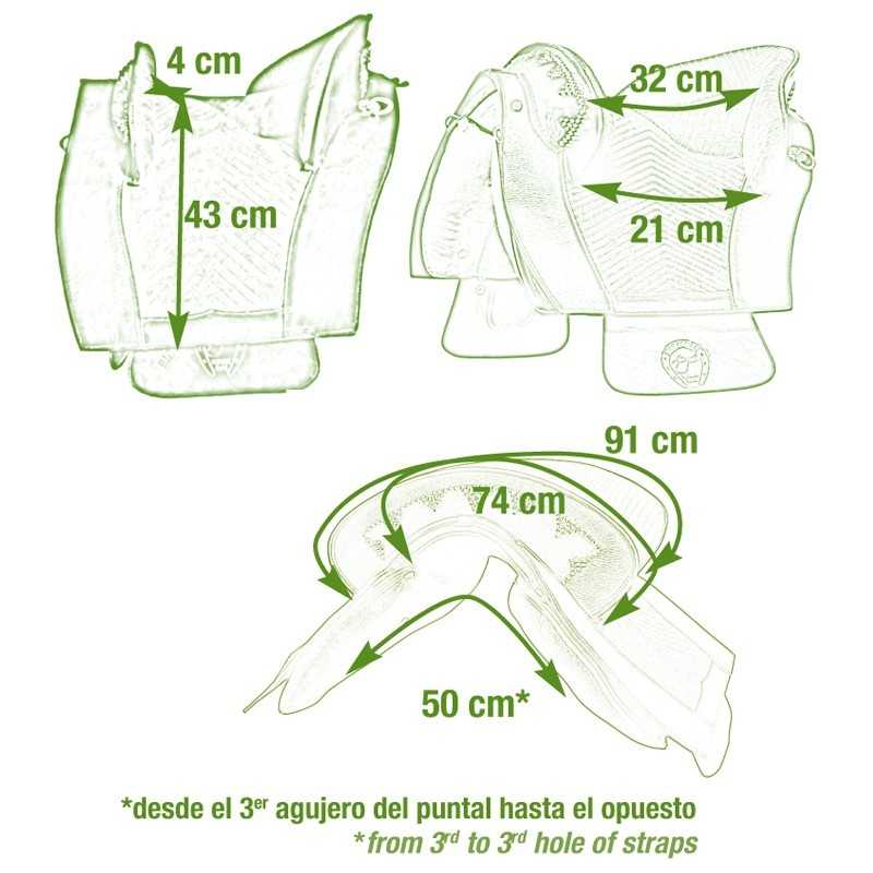 Desenho esquemático verde de uma sela de equitação com medidas e texto explicativo em espanhol e inglês.