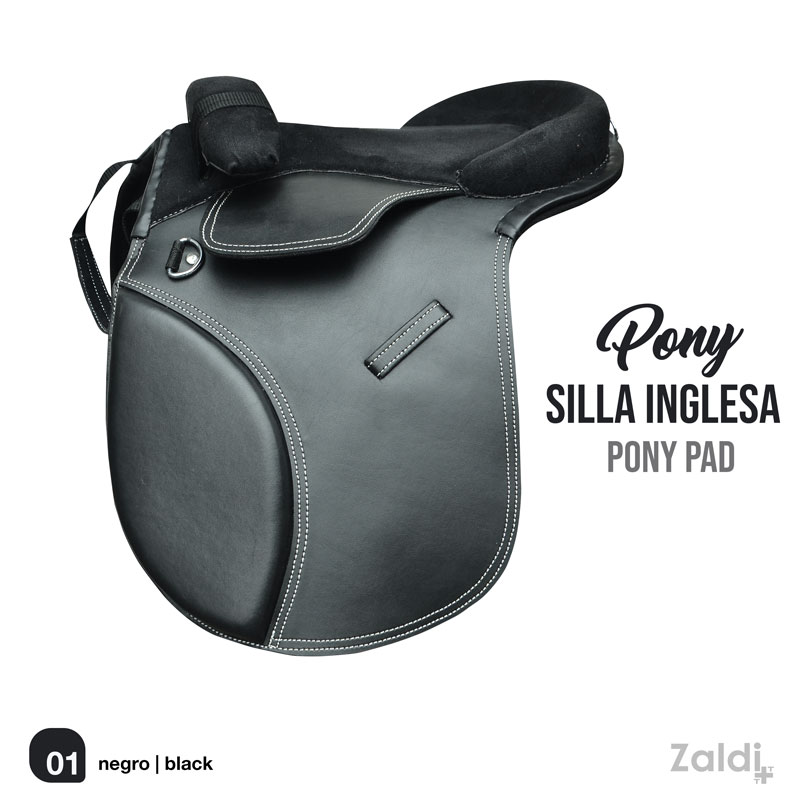 Sela inglesa preta para pônei com costura branca e acolchoamento